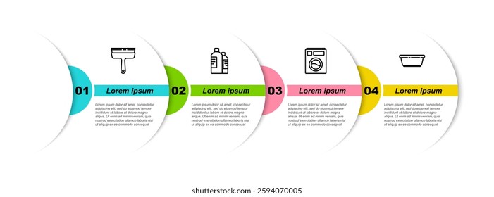 Set line Rubber cleaner for windows, Bottles cleaning agent, Washer and Plastic basin. Business infographic template. Vector