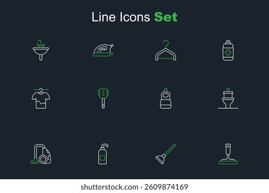 Set line Rubber cleaner for windows, plunger, Antibacterial soap, Vacuum, Toilet bowl, Dishwashing liquid bottle, brush and Drying clothes icon. Vector