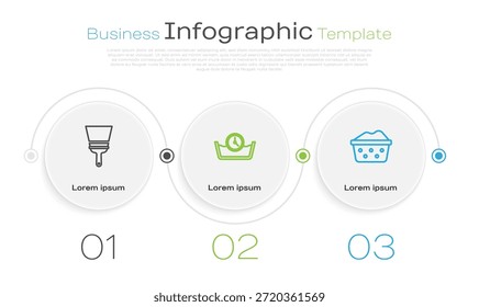 Set line Limpiador de goma para ventanas, Time wash y Lavabo con espuma de jabón. Plantilla de infografía de negocios. Vector