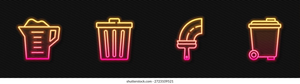 Set line Limpiador de goma para ventanas, polvo de lavado, cubo de basura y . Icono de neón brillante. Vector