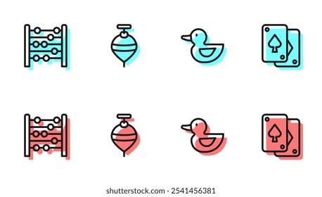 Set line Rubber duck, Abacus, Whirligig toy and Playing cards icon. Vector