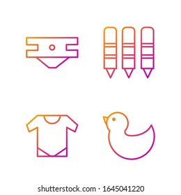 Set line Rubber duck, Baby onesie, Baby absorbent diaper and Wax crayons for drawing. Gradient color icons. Vector