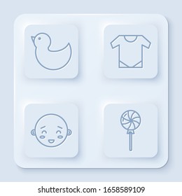 Set line Rubber duck, Baby onesie, Happy little boy head and Lollipop. White square button. Vector