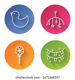 Set line Rubber duck, Baby crib hanging toys, Lollipop and Carnival garland with flags. Color circle button. Vector