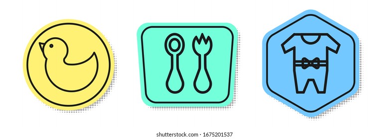 Set line Rubber duck, Baby cutlery with fork and spoon and Baby clothes. Colored shapes. Vector