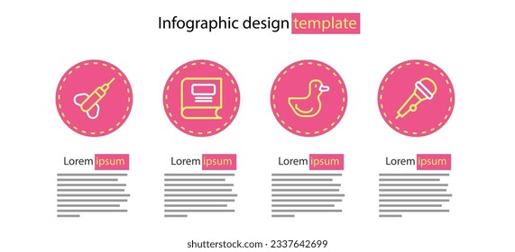 Set line Rubber duck, Microphone, Book and Dart arrow icon. Vector