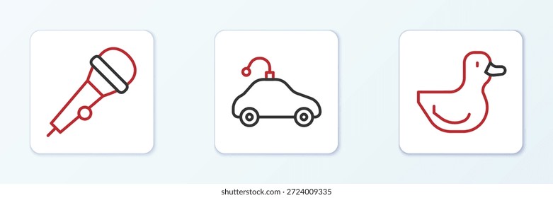 Set-Linie Gummi Ente, Mikrofon und Radio gesteuert Auto Spielzeug-Symbol. Vektorgrafik