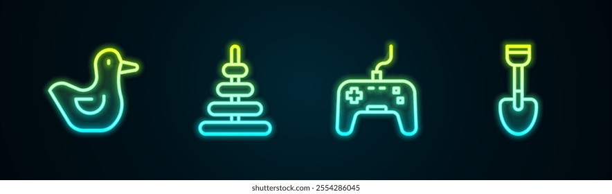 Set line Rubber duck, Pyramid toy, Gamepad and Shovel. Glowing neon icon. Vector