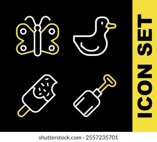 Set line Rubber duck, Shovel toy, Ice cream and Butterfly icon. Vector