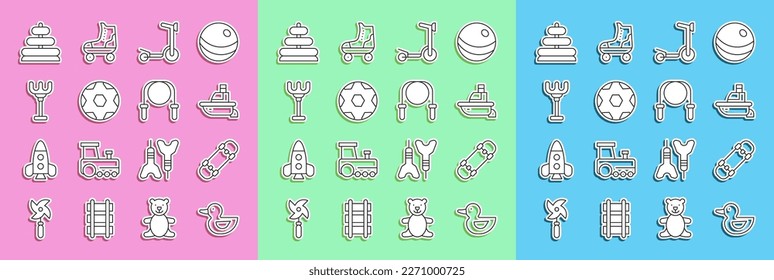 Set line Rubber duck, Skateboard, Toy boat, Roller scooter, Soccer football ball, Rake toy, Pyramid and Jump rope icon. Vector