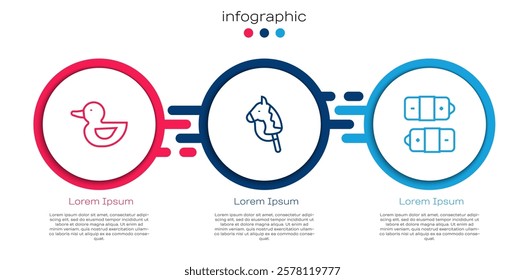 Set line Rubber duck, Toy horse and Battery. Business infographic template. Vector