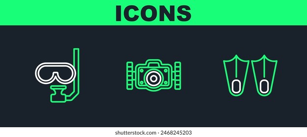 Set line Rubber flippers, Diving mask and snorkel and Photo camera icon. Vector