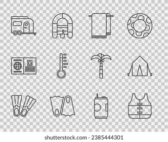 Set line Rubber flippers, Life jacket, Towel on hanger, Rv Camping trailer, Meteorology thermometer, Soda can and Tourist tent icon. Vector