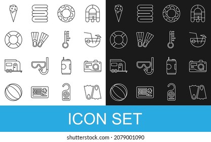 Set line Rubber flippers, Photo camera, Coconut cocktail, swimming ring, Lifebuoy, Ice cream waffle cone and Meteorology thermometer icon. Vector