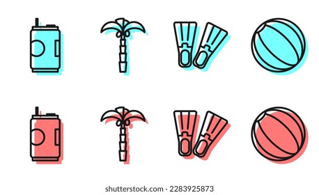 Set line Rubber flippers, Soda can, Tropical palm tree and Beach ball icon. Vector