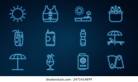 Set line Rubber flippers, Sunbed and umbrella, Beach with chair, Soda can, Cocktail alcohol drink, Bottle of water and Life jacket icon. Vector