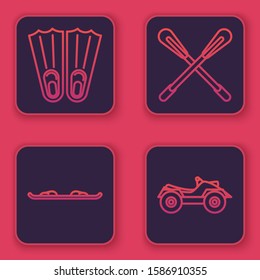 Set line Rubber flippers for swimming, Snowboard, Crossed paddle and All Terrain Vehicle or ATV motorcycle. Blue square button. Vector