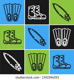 Set line Rubber flippers for swimming, Surfboard and Boots icon. Vector