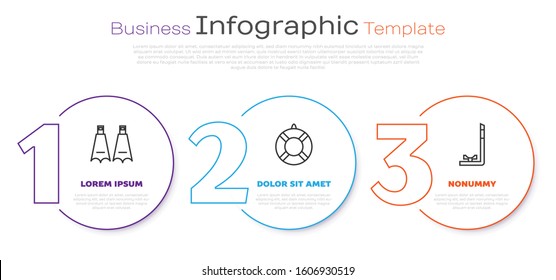Set line Rubber flippers for swimming, Lifebuoy and Snorkel. Business infographic template. Vector