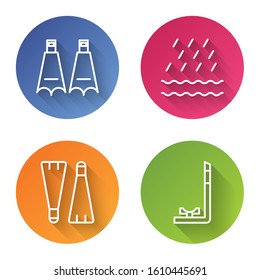 Set line Rubber flippers for swimming, Rain and waves, Rubber flippers for swimming and Snorkel. Color circle button. Vector