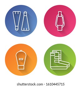 Set line Rubber flippers for swimming, Carabiner, Lift bag and Boots. Color circle button. Vector