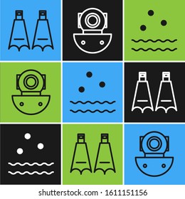 Set line Rubber flippers for swimming, Cold and waves and Aqualung icon. Vector