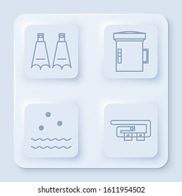 Set line Rubber flippers for swimming, Big flashlight for diver, Cold and waves and Diving belt. White square button. Vector