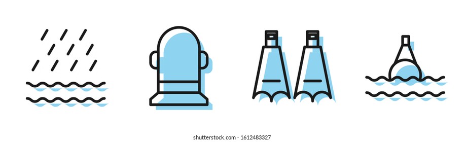 Set line Rubber flippers for swimming, Rain and waves, Buoy and Floating buoy on the sea icon. Vector