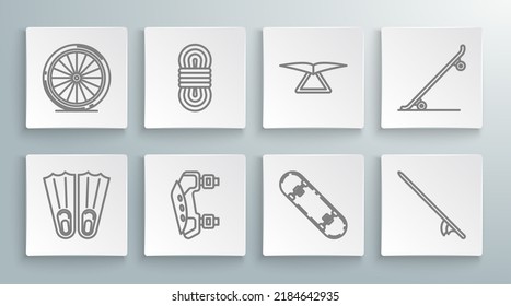 Set line Rubber flippers for swimming, Climber rope, Knee pads, Skateboard trick, Surfboard, Hang glider,  and Bicycle wheel icon. Vector