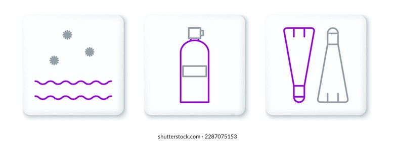 Set line Rubber flippers for swimming, Cold and waves and Aqualung icon. Vector