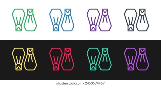 Set line Rubber flippers for swimming icon isolated on black and white background. Diving equipment. Extreme sport. Sport equipment.  Vector