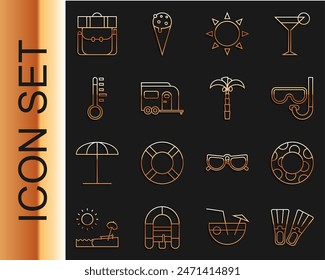 Set line Rubber flippers, swimming ring, Diving mask and snorkel, Sun, Rv Camping trailer, Meteorology thermometer, Hiking backpack and Tropical palm tree icon. Vector