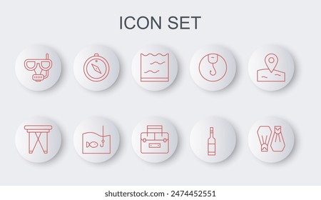 Set line Rubber flippers for swimming, Folding chair, Aquarium, Bottle of vodka, Diving mask and snorkel, Compass, Fishing hook with fish and Case container wobbler icon. Vector
