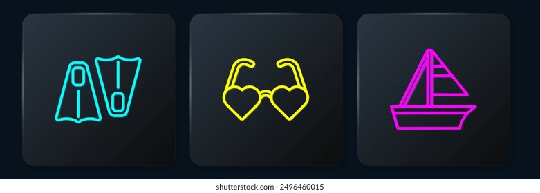 Set line Rubber flippers for swimming, Yacht sailboat and Heart shaped love glasses. Black square button. Vector