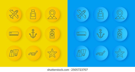 Set line Rubber flippers for swimming, Air conditioner, Anchor, Starfish, Sunscreen spray bottle, Plane, Location and Whiskey icon. Vector