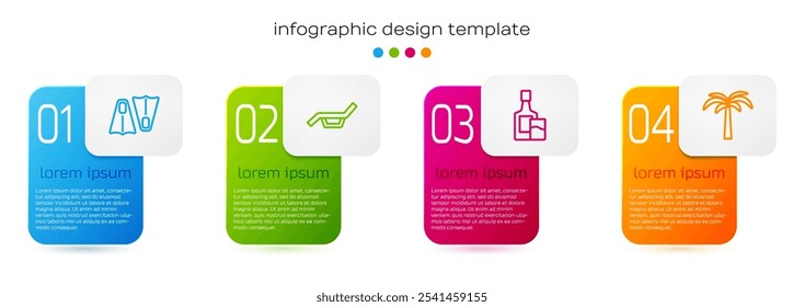 Set line Rubber flippers for swimming, Sunbed and umbrella, Whiskey bottle glass and Tropical palm tree. Business infographic template. Vector