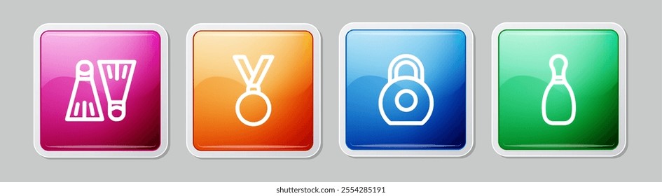 Set line Rubber flippers for swimming, Medal, Kettlebell and Bowling pin. Colorful square button. Vector