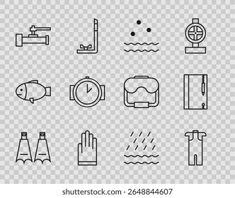 Set line Rubber flippers for swimming, Wetsuit scuba diving, Cold and waves, Gloves, Industry metallic pipes valve, Diving watch, Rain and Underwater note book pencil icon. Vector