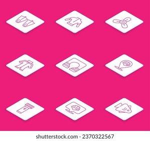 Set line Rubber flippers, Wetsuit, Boat propeller, turbine, Life jacket, Scallop sea shell, Flashlight and  icon. Vector