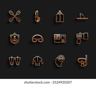 Set line Rubber flippers, Wetsuit, Paddle, Scallop sea shell, Diving mask and snorkel, Glasses cap, Flashlight and Action camera icon. Vector