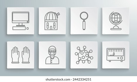Set line Rubber gloves, Astronomical observatory, Assistant, Bacteria, Electrical measuring instruments, Magnifying glass, Earth globe and Computer monitor with keyboard and mouse icon. Vector