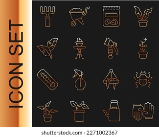 Set line Rubber gloves, Beetle bug, Exotic tropical plant in pot, Pack full of seeds of, Plant on table, Tropical leaves, Garden rake and Water spray bottle icon. Vector