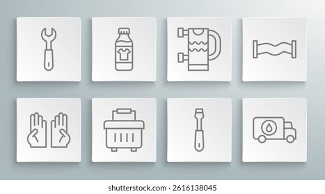 Set line Rubber gloves, Bottle for cleaning agent, Toolbox, Screwdriver, Plumber service car, Heated towel rail, Industry metallic pipe and Wrench spanner icon. Vector