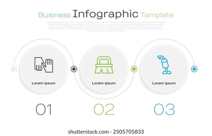Set line Guantes de goma, Cepillo para limpieza y Aspirador. Plantilla de infografía de negocios. Vector
