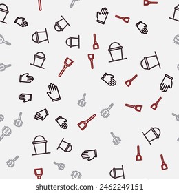 Set line Rubber gloves, Bucket, Toilet brush and Dustpan on seamless pattern. Vector