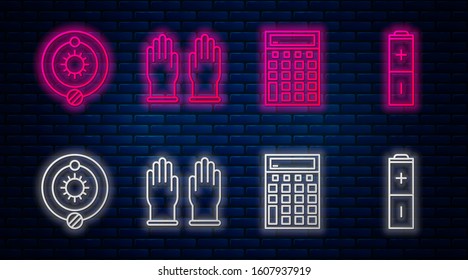 Set line Rubber gloves, Calculator, Solar system and Battery. Glowing neon icon on brick wall. Vector