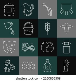 Set line Rubber gloves, Can container for milk, Scarecrow, Honey dipper stick, Basket, Watering can, Bag of flour and Wheat icon. Vector