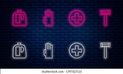 Set-Line Gummihandschuhe, Krankenhaus-Kreuz-Medizin, Flaschen für Reinigungsmittel und Rasierapparat. Leuchtendes Neonsymbol an der Ziegelwand. Vektorgrafik