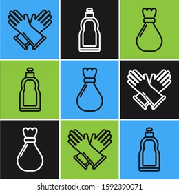 Set line Rubber gloves , Garbage bag  and Plastic bottles for liquid dishwashing liquid icon. Vector