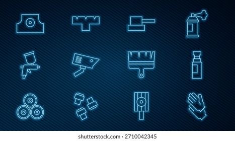 Set line Rubber gloves, Marker pen, Spray can nozzle cap, Security camera, Paint spray gun, brush and attachment icon. Vector